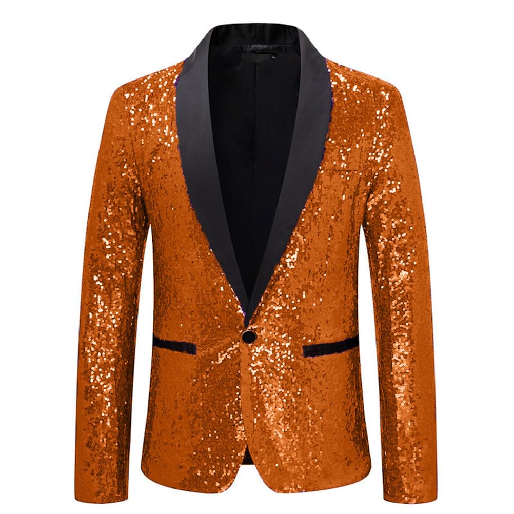 KYOESCAI Mens Stylish Sequin Blazer Tuxedo One Button Jacket Party Prom Wedding Banquet Jacket for Mens Adult,Orange,L