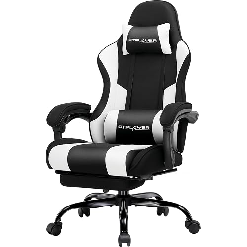 GTPLAYER Gaming Chair, Computer Chair with Footrest and Lumbar Support, Height Adjustable Game Chair with 360°-Swivel Seat and Headrest and for Office or Gaming (Fabric, Black White)