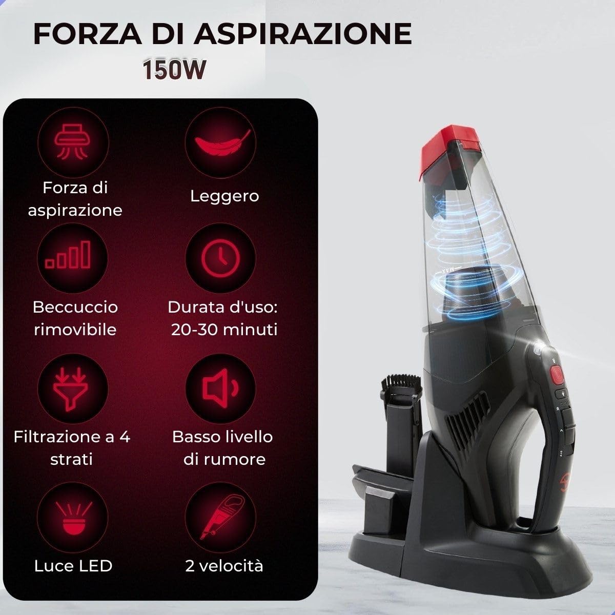 AG 310 Aspirapolvere Portatile Senza Fili | Nero/Rosso, 100W con LED | Compatto per Casa e Auto, Peli di Animali, Include Accessori e Filtro HEPA