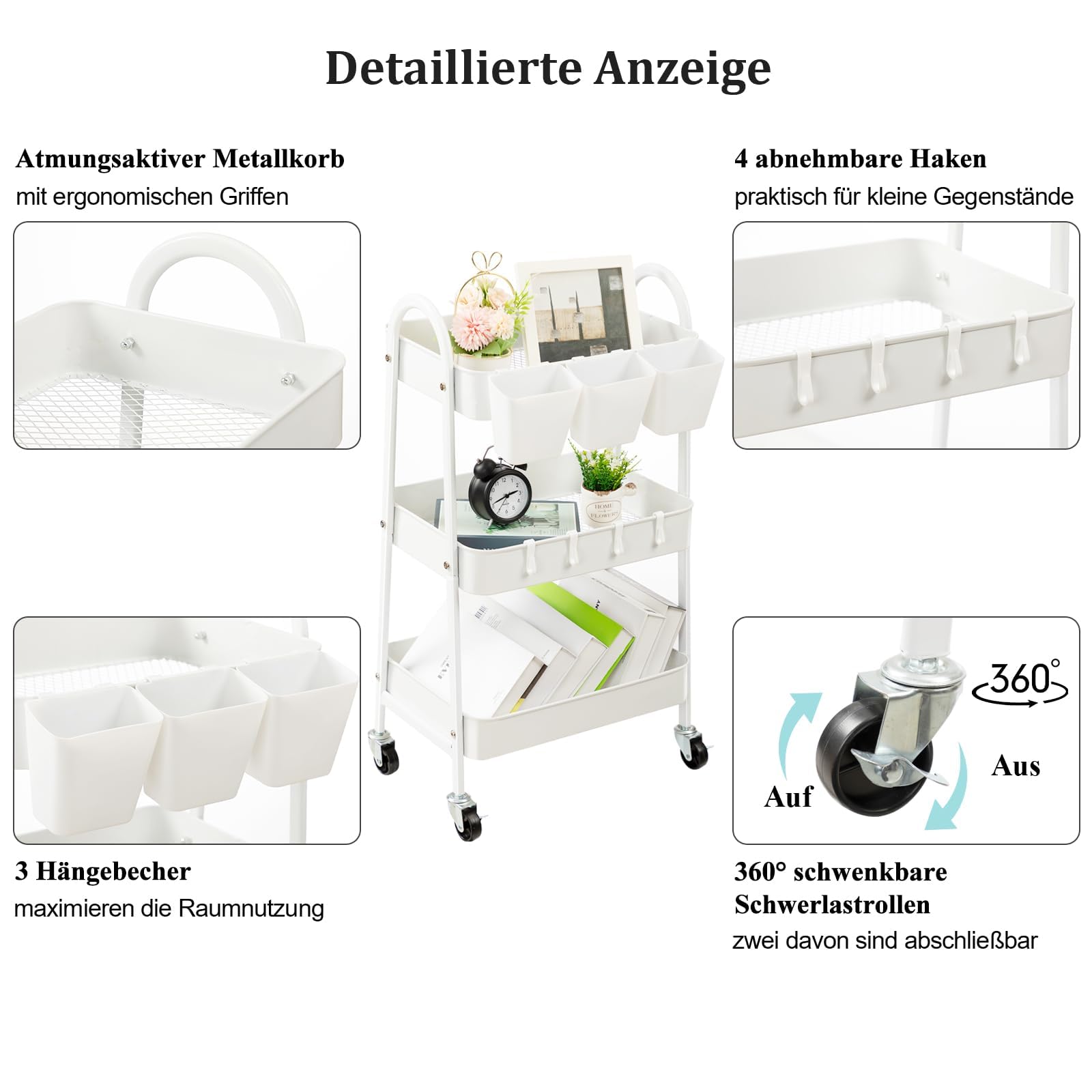 danpinera carrello con ruote portatutto, in metallo, carrello con ruote, per appendere bicchieri e ganci, per cucina, bagno, ufficio, officina, bianco