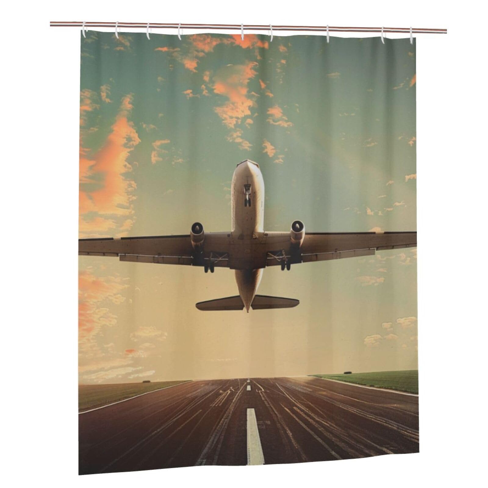 BWWHCCTI Airplane Printed Shower Curtain With 12 Plastic Hooks Opaque Quick Drying Waterproof Shower Curtains Sets For Bathroom 152x183 Cm