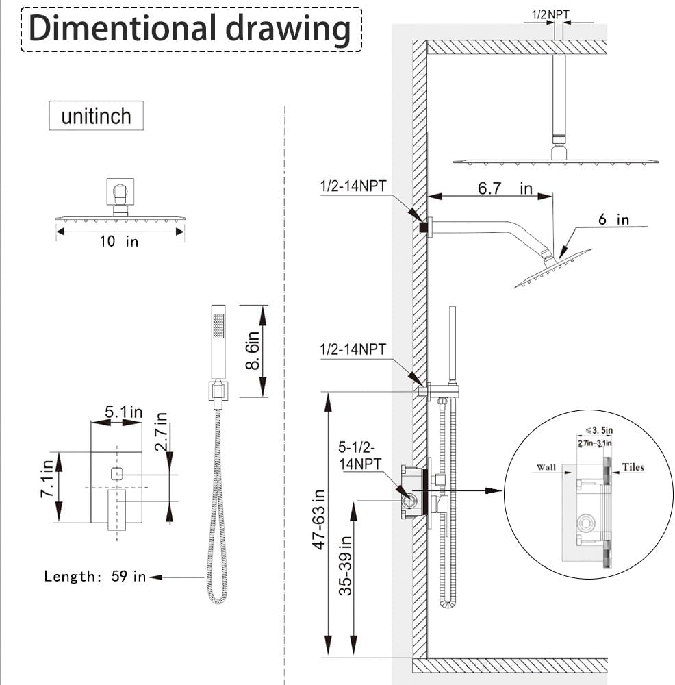 Shower Faucet Set Matte Black Shower System with Handheld, Ceiling Mount 10 Inch Shower Head with 6 Inch Wall Mount Shower Head