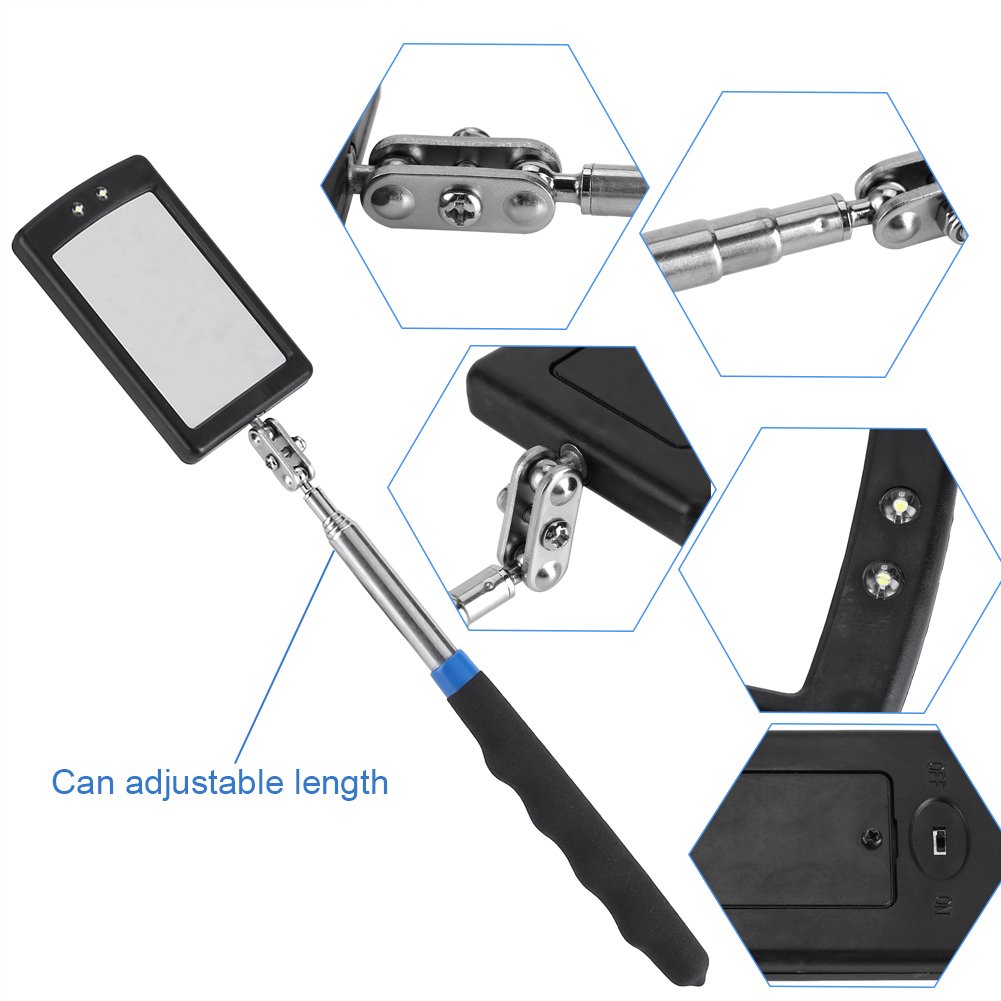 Lot De 4 Miroirs D'inspection Télescopiques Avec LED - Tige Extensible 29-88 Cm, Rotatif à 360°, Pour Mécanique, Plomberie, Maquillage