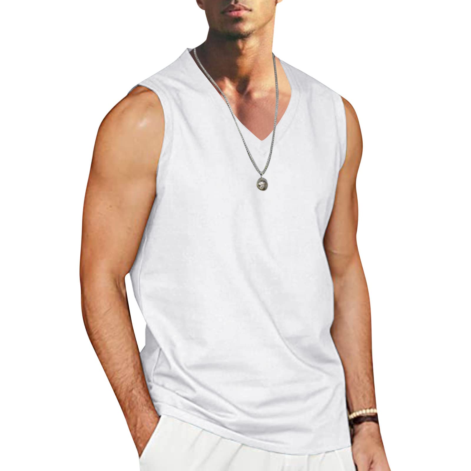 Debardeur Coton Homme Col V Tee Shirt sans Manche Grande Taille Ample Couleur Unie Débardeurs d'été DéContractée Tendance Basiques Classique pour Sports Jogging Musculation Fitness Gym