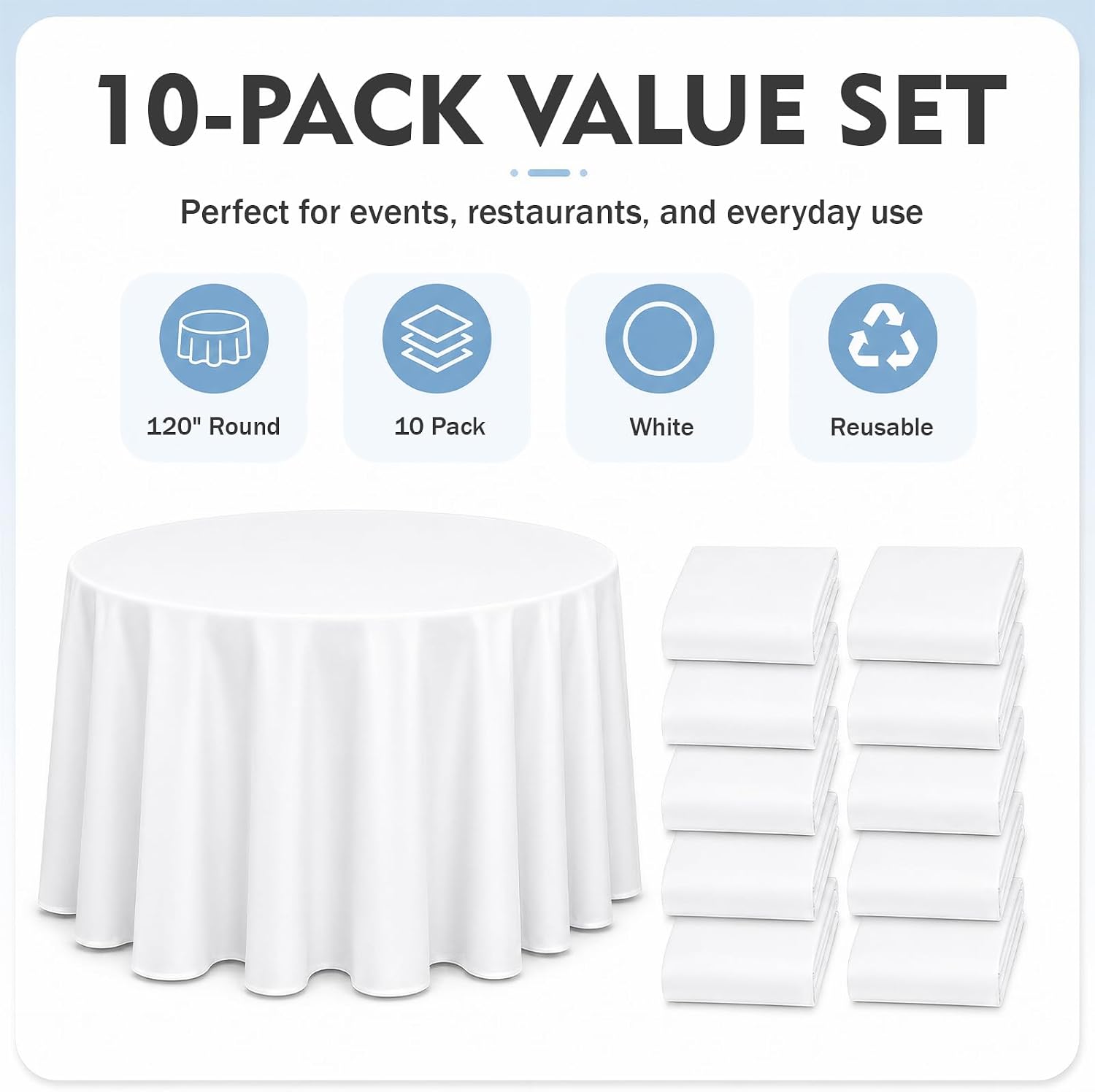 10 Pack 120 Inch White Round Tablecloth, Washable Polyester Tablecloths Stain & Wrinkle Resistant, Elegant Fabric Table Cloth for Wedding Party Banquet Dining Decoration Banquet, Formal Events