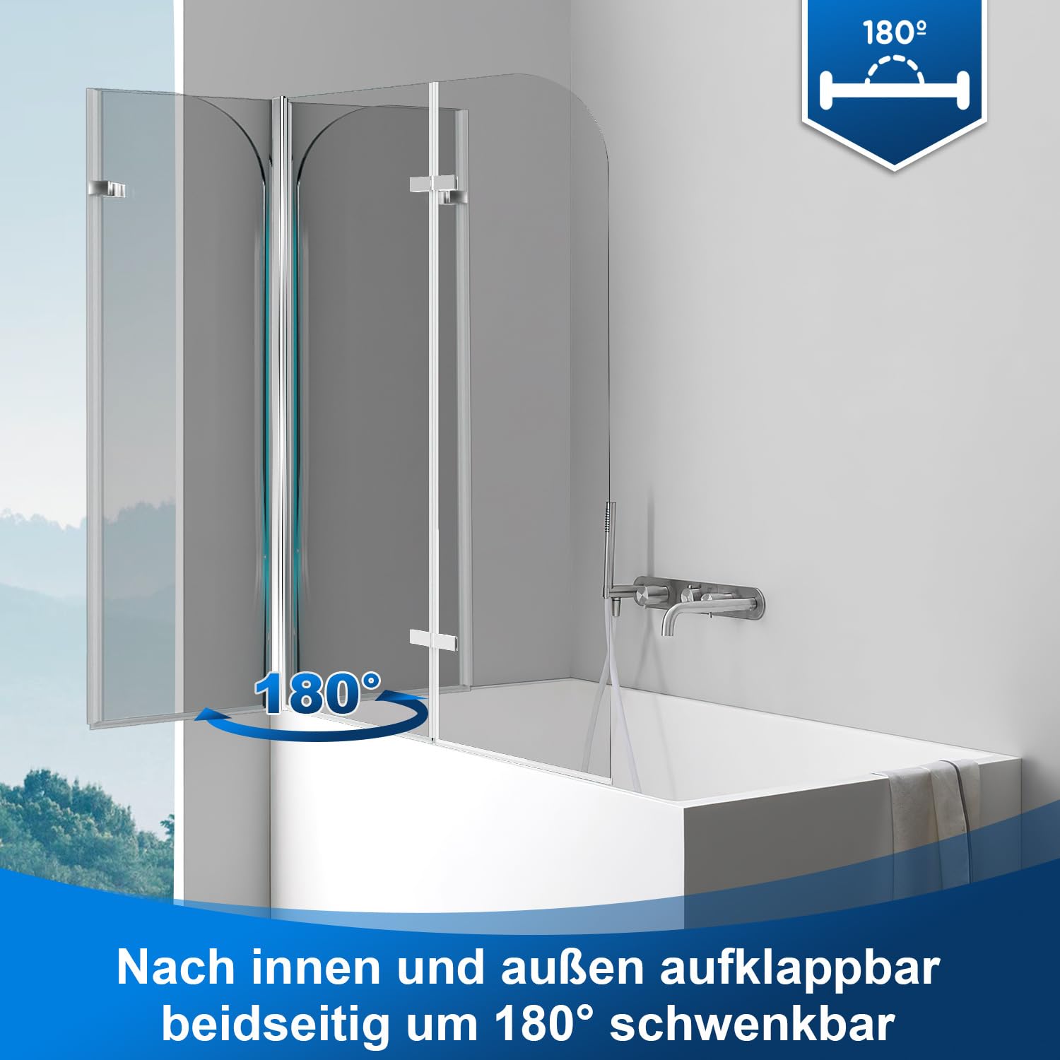 Accesorio para bañera de 100 x 140 cm, 2 piezas, plegable, mampara de ducha para bañera de cristal templado de 6 mm, nano-revestimiento, giratorio 180°, protección contra salpicaduras, color