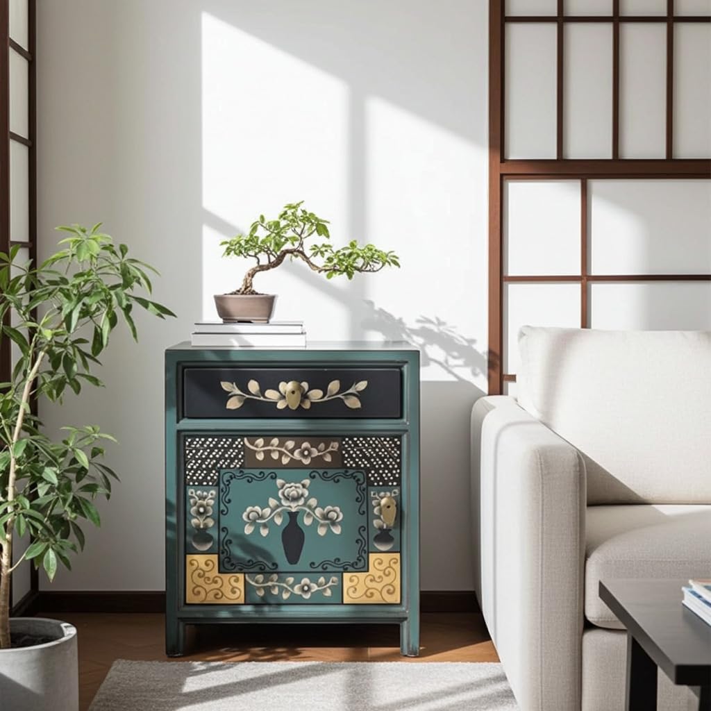 Chinese bedside table drawer Asian blue nightstand bedroom cabinet chest of drawers shabby antique coloured