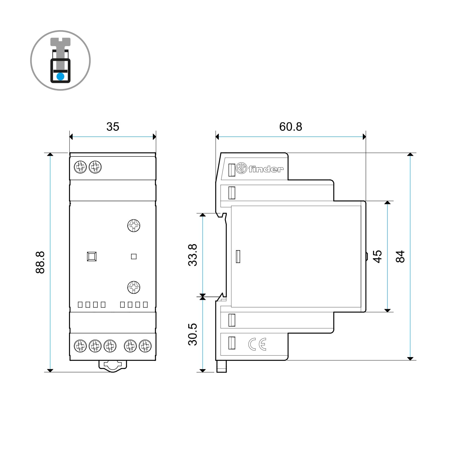 Finder Relè Crepuscolare Tipo 11.41 con 1 scambio 16 A per accensione lampade in funzione del livello di luminosità dell’ambiente. Elemento fotosensibile separato