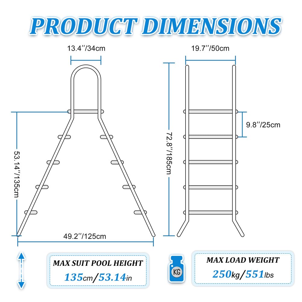 4 Stufige Poolleiter Edelstahl, Pooltreppe für Aufstellpool, Poolleiter 132 cm Poolhöhe, Pool Treppe, Poolstufen für Aufstellpools, Schwimmbadleiter Poolleitern 250 kg Tragkraft