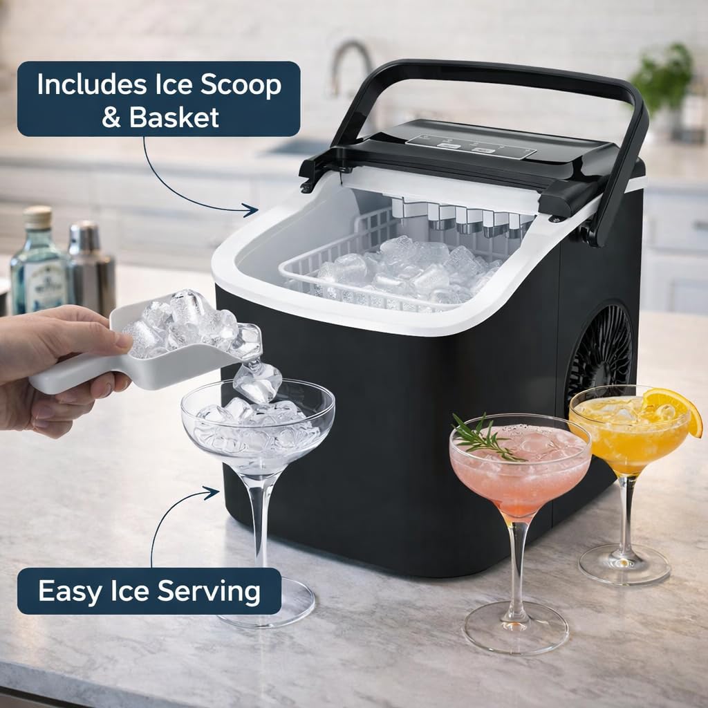 Macchina per il ghiaccio | Macchina per il ghiaccio da banco con manico portatile | 9 cubetti pronti in 6 minuti | 12 kg in 24 ore | autopulente | paletta e cestino | per casa/cucina/ufficio/bar (nero