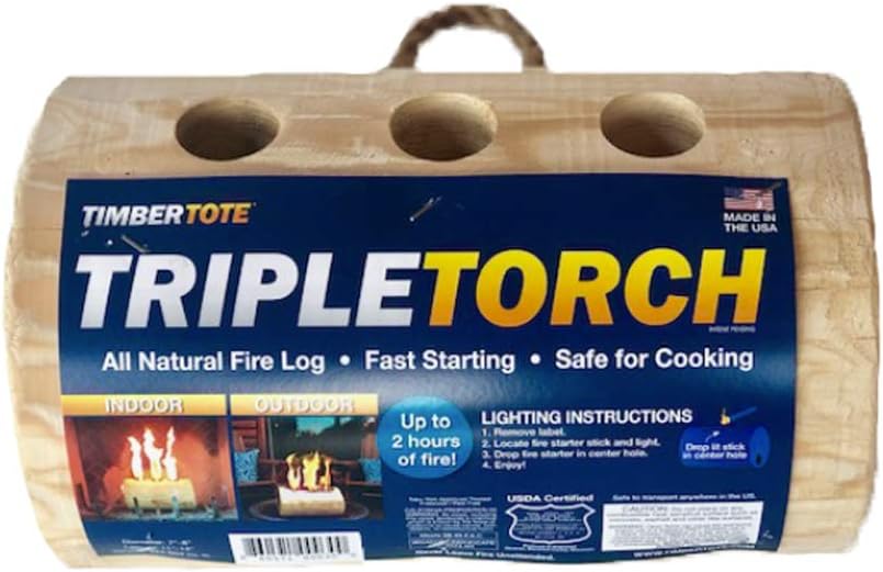 TripleTorch One Log Campfire Fireplace Camping Cooking Camp Fire Wood Log with 3 Chimneys and Fire Start Stick