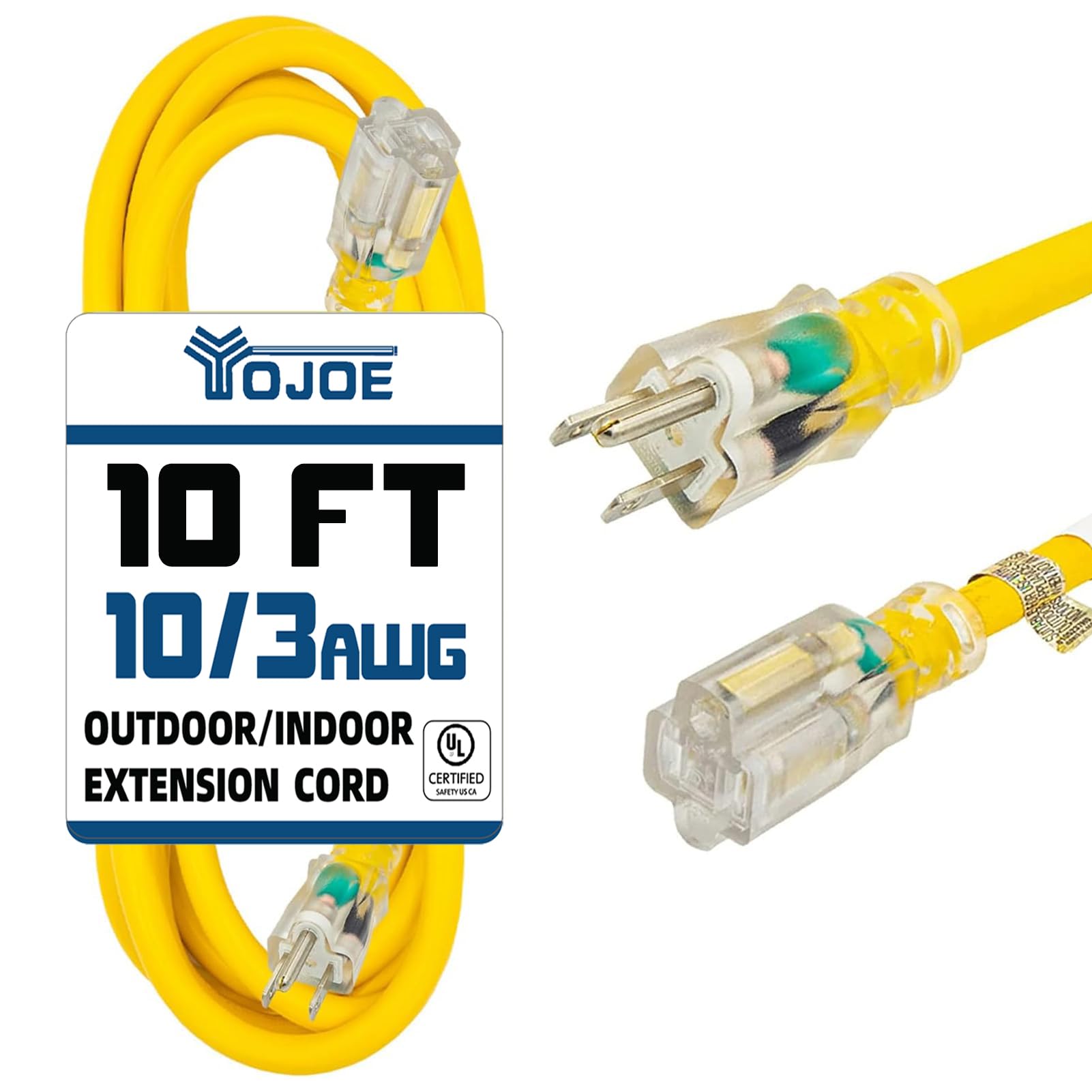 YOJOE Indoor Outdoor Extension Cord with Lighted End, 3 Prong 15A Weatherproof Power Cord, 10 Gauge Heavy Duty 10 ft Yellow Extension Cord for Garage,