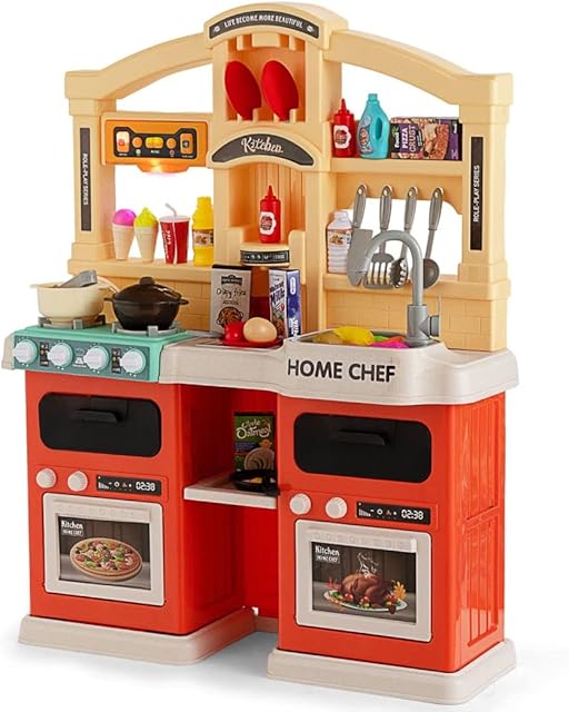 COSTWAY Kids Kitchen Playset, Toddler Pretend Play Toy Set with 69 Pcs Accessories, Realistic Lights & Sounds, Sink, Steam Spray Simulation, Indoor Cooking Play Kitchen for Children 