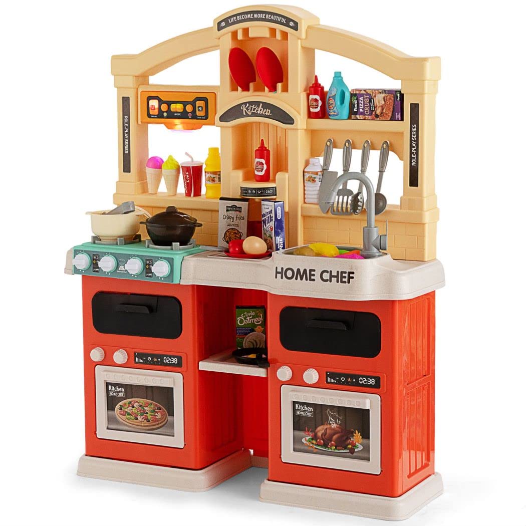 COSTWAY Kids Kitchen Playset, Toddler Pretend Play Toy Set with 69 Pcs Accessories, Realistic Lights & Sounds, Sink, Steam Spray Simulation, Indoor Cooking Play Kitchen for Children (Orange)