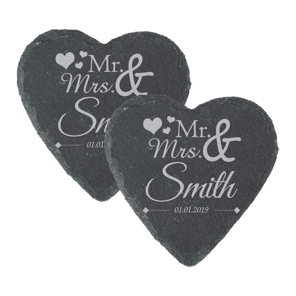 Personalised Engraved Heart Slate Wedding Coaster Mr&Mrs with Hearts Set of 2