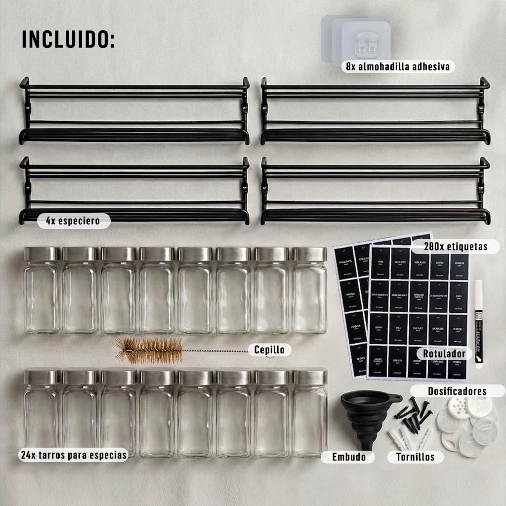 Deco haus® Especiero de Pared sin Taladro Con 24 Tarros de Cristal - 4 Piezas Para Cocina
