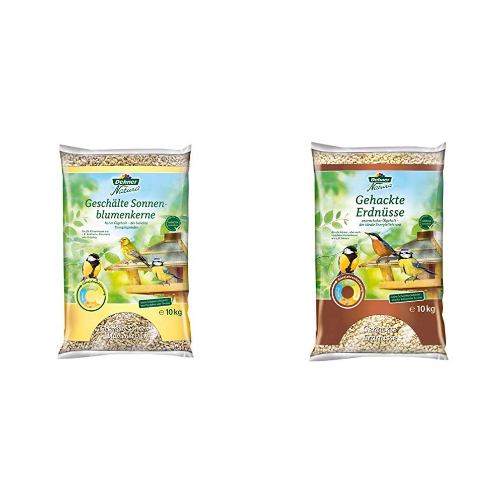 Dehner Natura Wildvogelfutter, geschälte Sonnenblumenkerne, 10 kg & Natura Wildvogelfutter, gehackte Erdnüsse, 10 kg