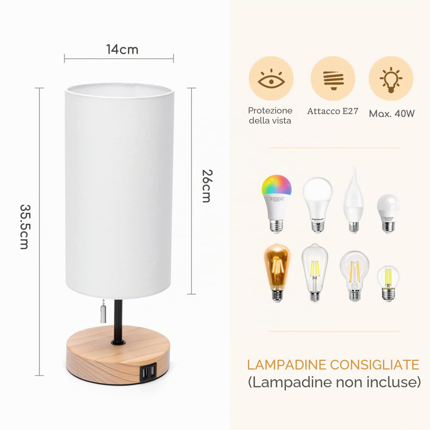 Aigostar Lampada da Comodino con 2 Porte di Ricarica USB, Lampada da Tavolo E27 con Interruttore a Tirare, Base in Legno, Lampada da Scrivania per Soggiorno, Camera da letto, Ufficio - Bianca
