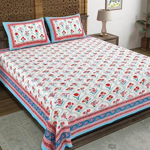 Image of BLOCKS OF INDIA Hand Block Printed 200 TC Cotton King Size Bedsheet (Pink Rose)