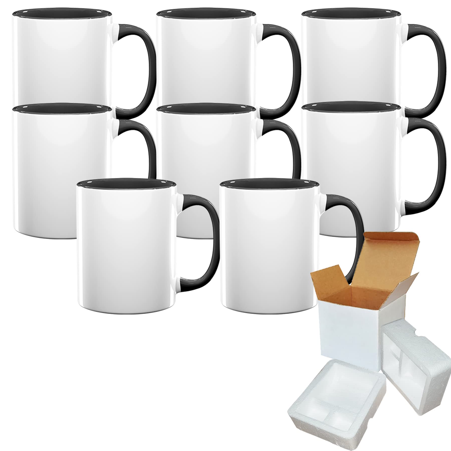 TWISTED ENVY Set of 8 11 oz. Ceramic Sublimation Mugs - Inner and Handle - BLACK - Professional Grade Sublimation Mug- Sublimation Series - Cardboard Box with Foam Supports