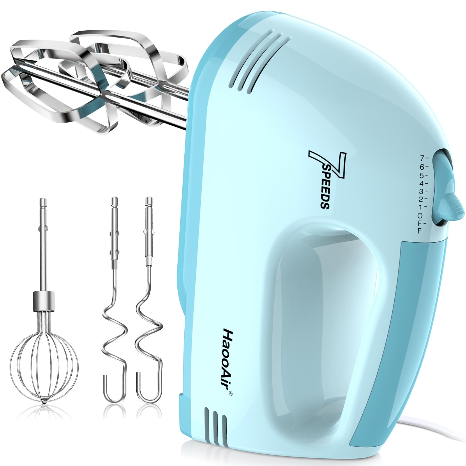 HaooAir Hand Mixer, Small 7-Speed Mixer, Dishwasher-Safe 304 Accessories (1 Whisk, 2 Dough Hooks, 2 Beaters), Mixes various ingredients, for both beginners and bakers (Blue)