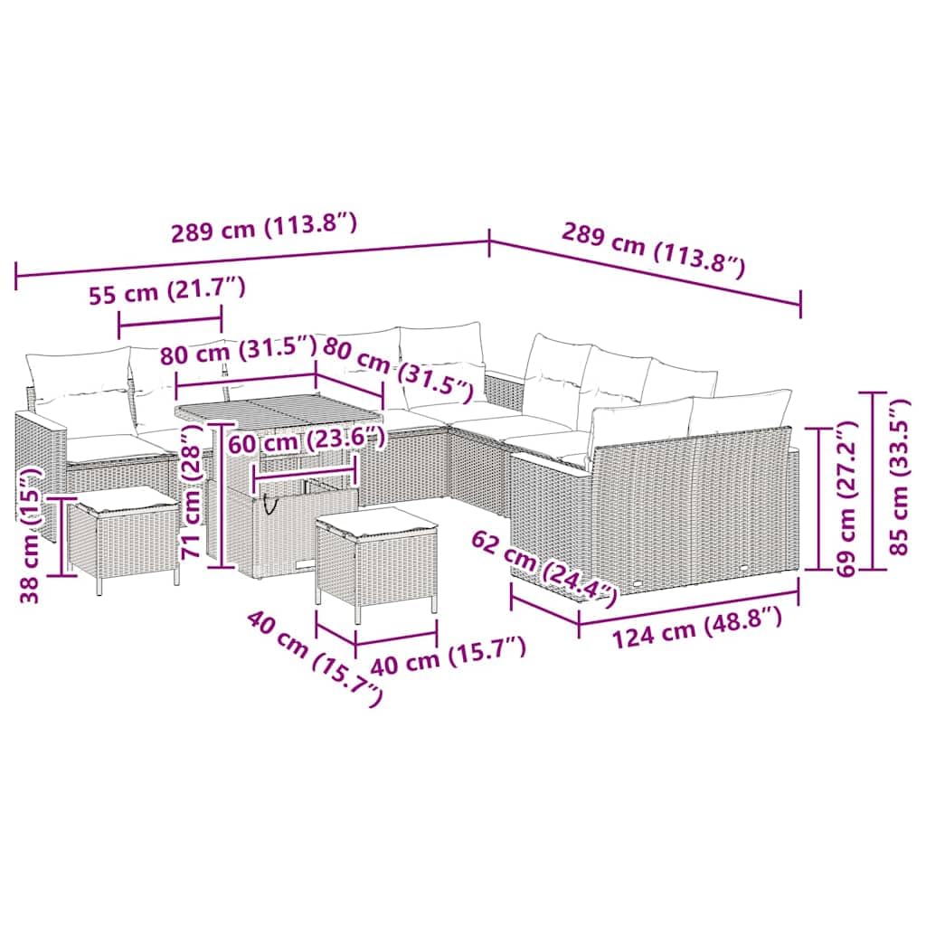 13-częściowy zestaw sof ogrodowych, beżowy, polirattanowy z poduszką, odporny na warunki atmosferyczne, modułowy, do ogrodu, na taras, balkon, lounge, wygodny i trwały