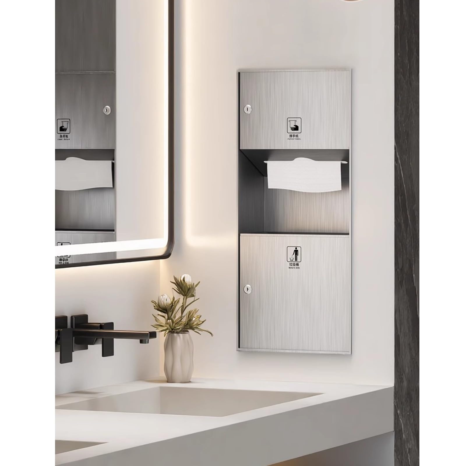 Dispensador Papel Secamanos de Acero Inoxidable 304 con Cubo Basura, Dispensador de Papel Manos, para Baño, Ideal para Hoteles, Centros Comerciales y Aeropuertos(Gold,750x345x145mm)
