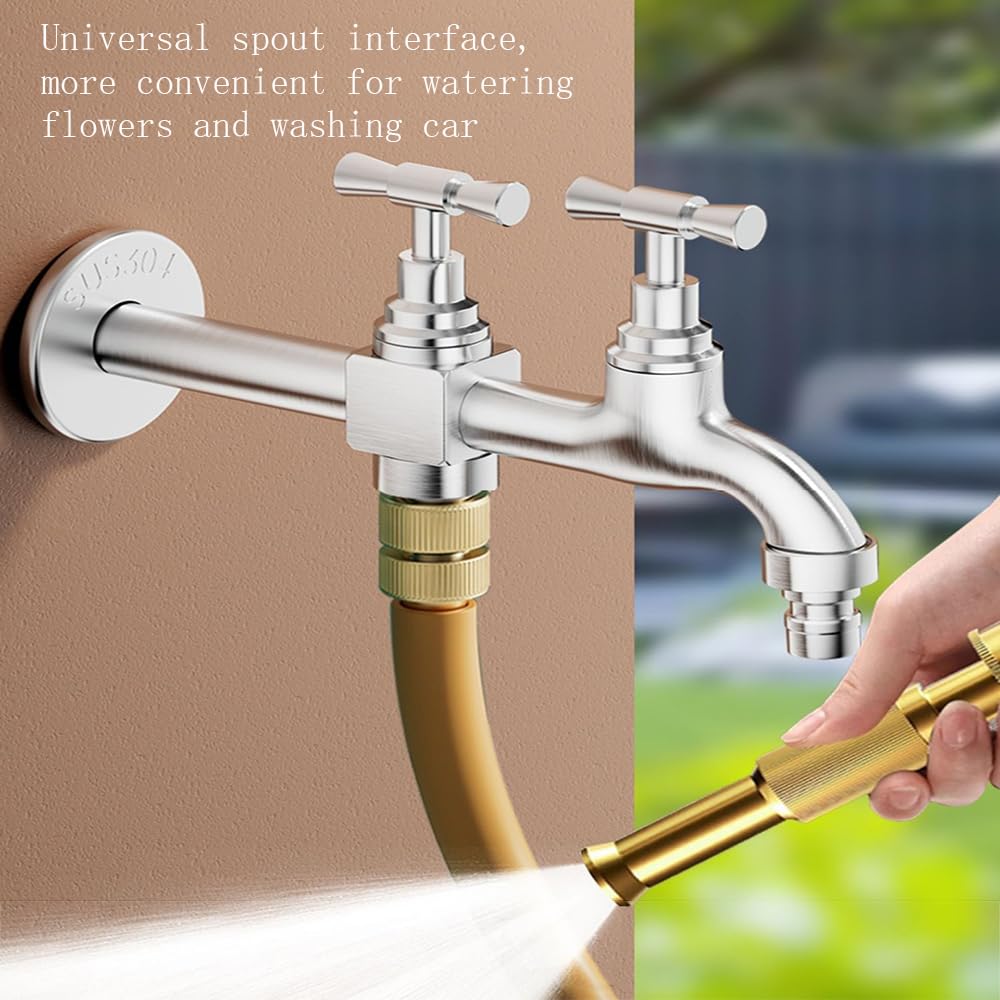 Grifo Jardin 1/2 Doble Salida Grifo Doble de Pared Exterior Jardin Acero Inoxidable Válvula de Doble Salida para Grifo Y Manguera de Jardin,150Mm