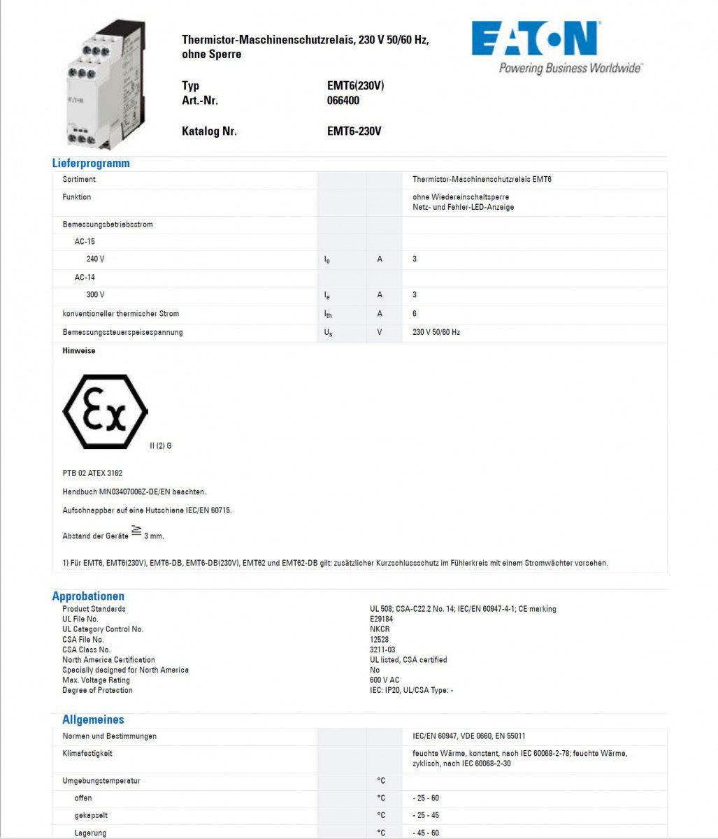 Eaton EMT6 Überlastrelais, / 3A 2 W 1 Schließer/1 Öffner, 230V ac / 3A, 102 mm x 78mm