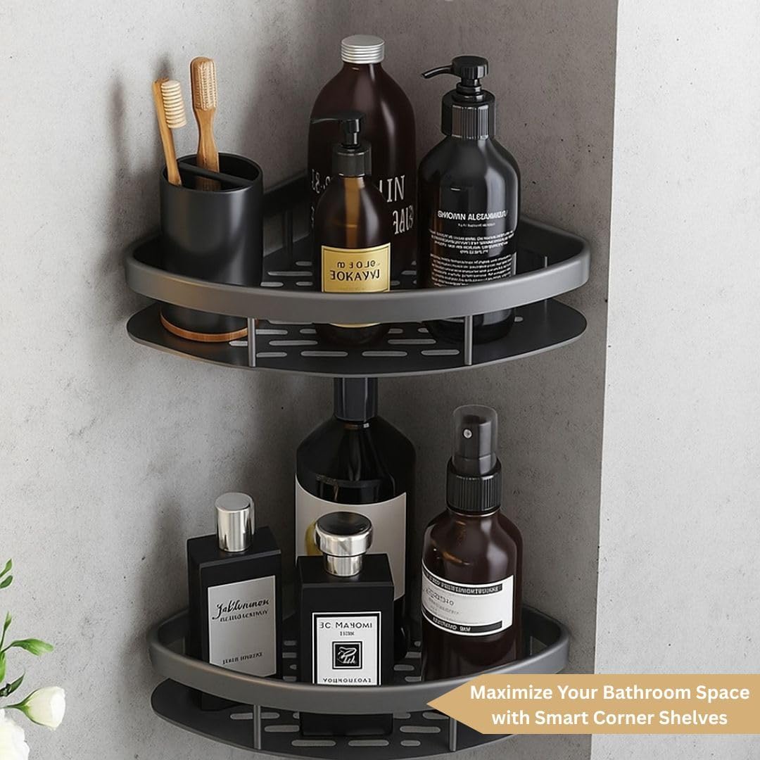 Self Adhesive Aluminum Corner Shelf for Bathroom & Kitchen | Wall Mounted Storage Rack Organizer | No Drilling Bathroom Accessories Holder (Black,Pack of 2)