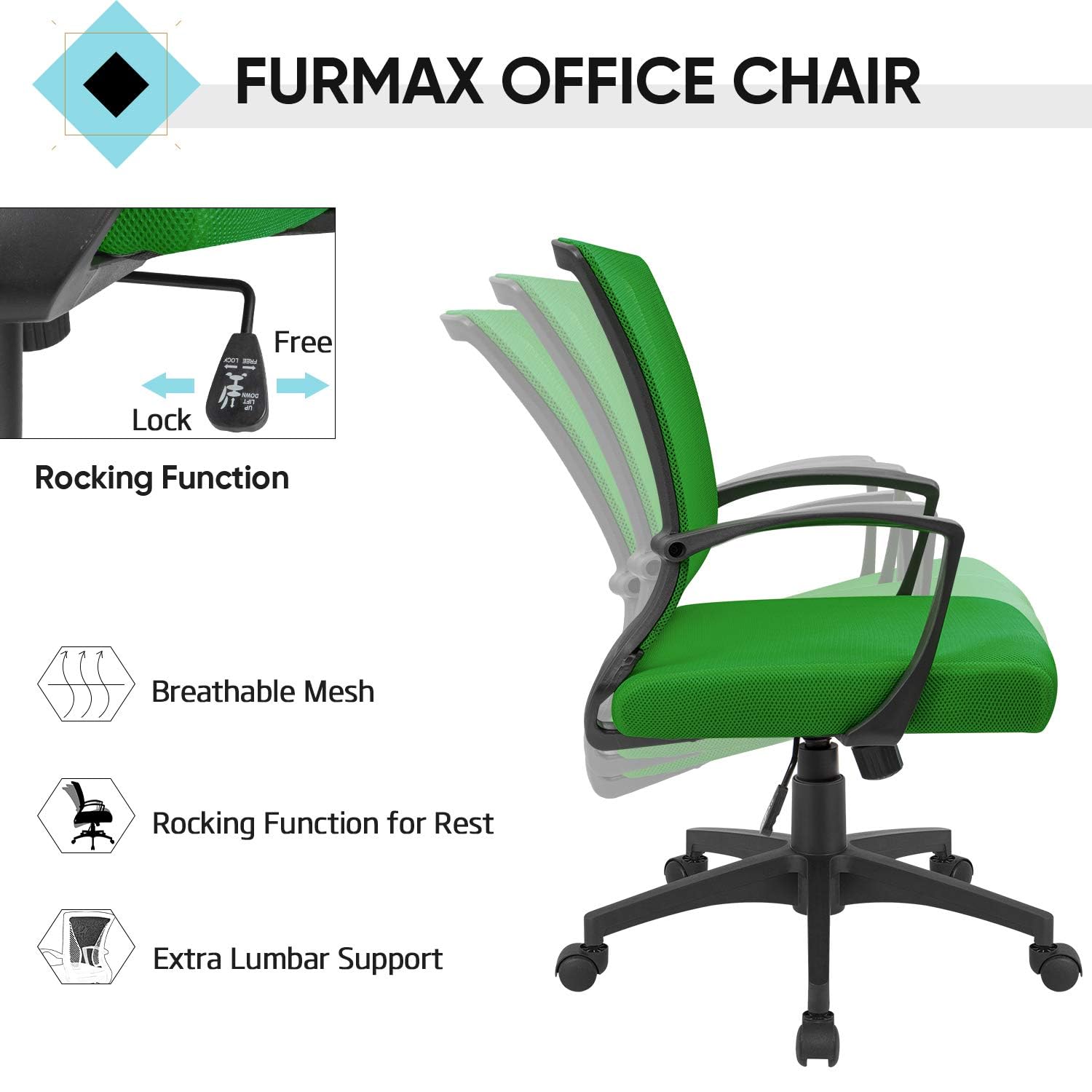 Furmax Office Chair Ergonomic Computer Desk Mesh Chair Mid Back Swivel Lumbar Support with Armrest (1, Black): 2 Green