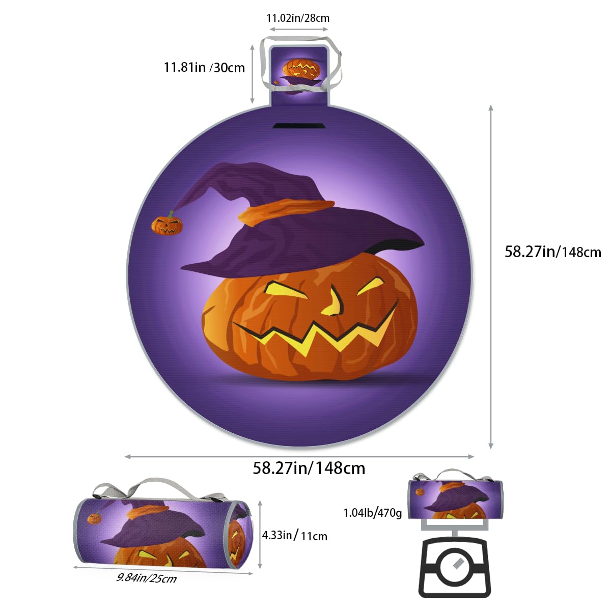 Shimoshe Pumpkin with Hat Picnic Outdoor Blanket Foldable Waterproof Sandproof Beach Blanket Portable Water-Resistant Round Picnic Mat for Travel Camping Park Lawn