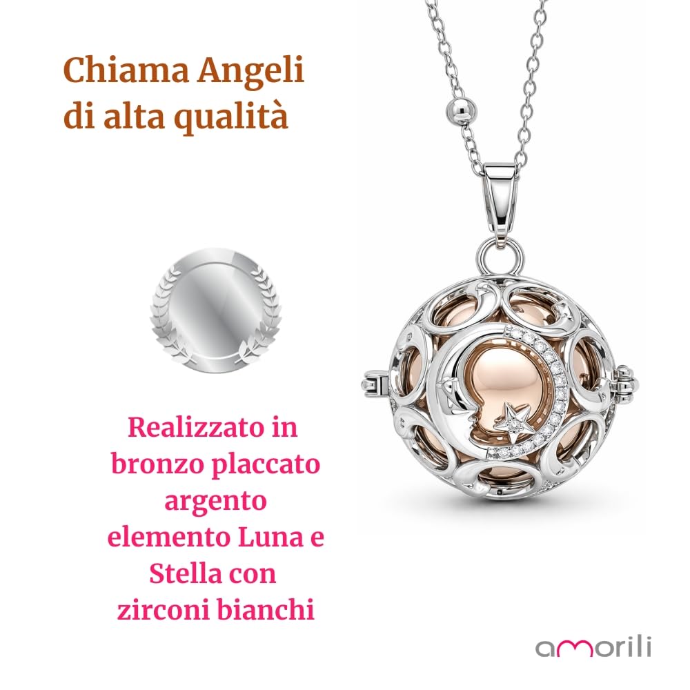 Collana Chiama Angeli Donna Gravidanza Bronzo Placcato Argento – Ciondolo Luna e Stella con Zircone Centrale – Gioiello Premaman Scintillante Luccicante – Idea Regalo Dolce Attesa - cll0996
