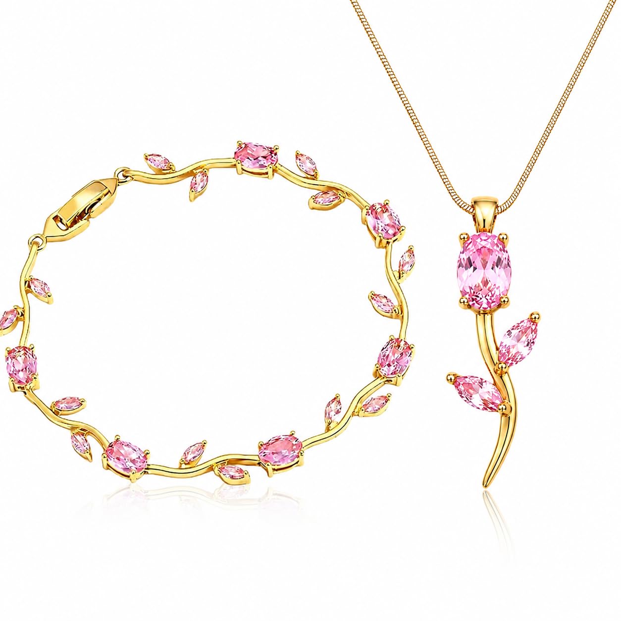 Tulip Gold Plated Necklace & Bracelet Set for Women | Pink Crystal Tulip Flower Pendant Necklace with Matching Bracelet | Fashion Jewellery Gift for Girls, Wife & Women-image-10
