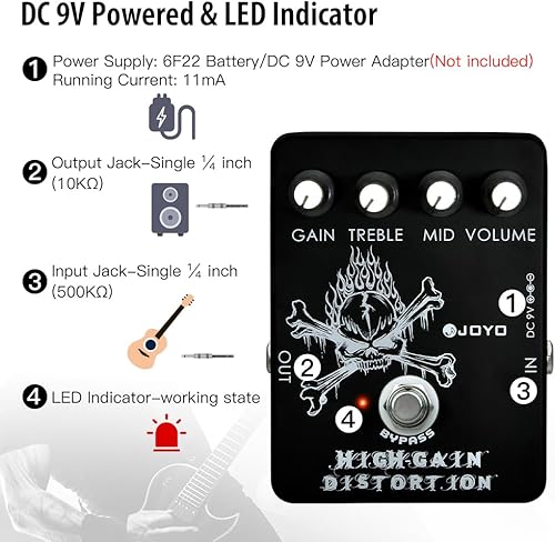 Miniatura 6 de JOYO Pedal de distorsión de alta ganancia de ACDC Crunch a metal pesado con ecualizador de rango completo para efecto de guitarra eléctrica,