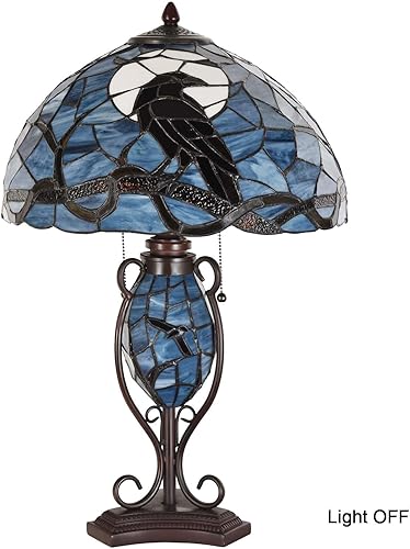 Miniatura 7 de Bieye L10954 Raven sentado en rama de árbol desnudo en luna llena noche estilo Tiffany lámpara de mesa de vidrieras para decoración del hogar (azul