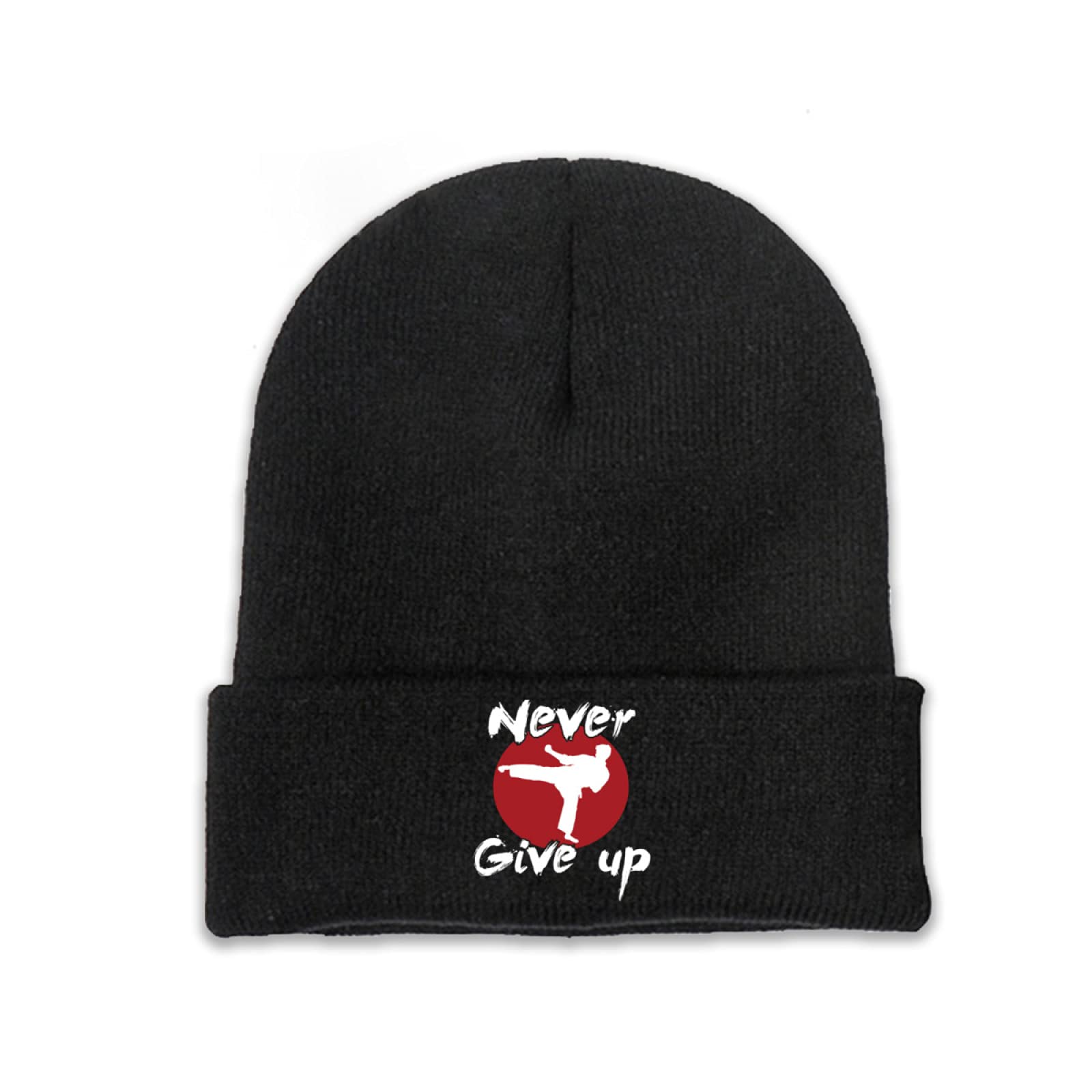 Never Give Up Karate Kick Design Beanie Adults Unisex Men Womens Kids Cuffed Plain Skull Knit Hat Cap Black