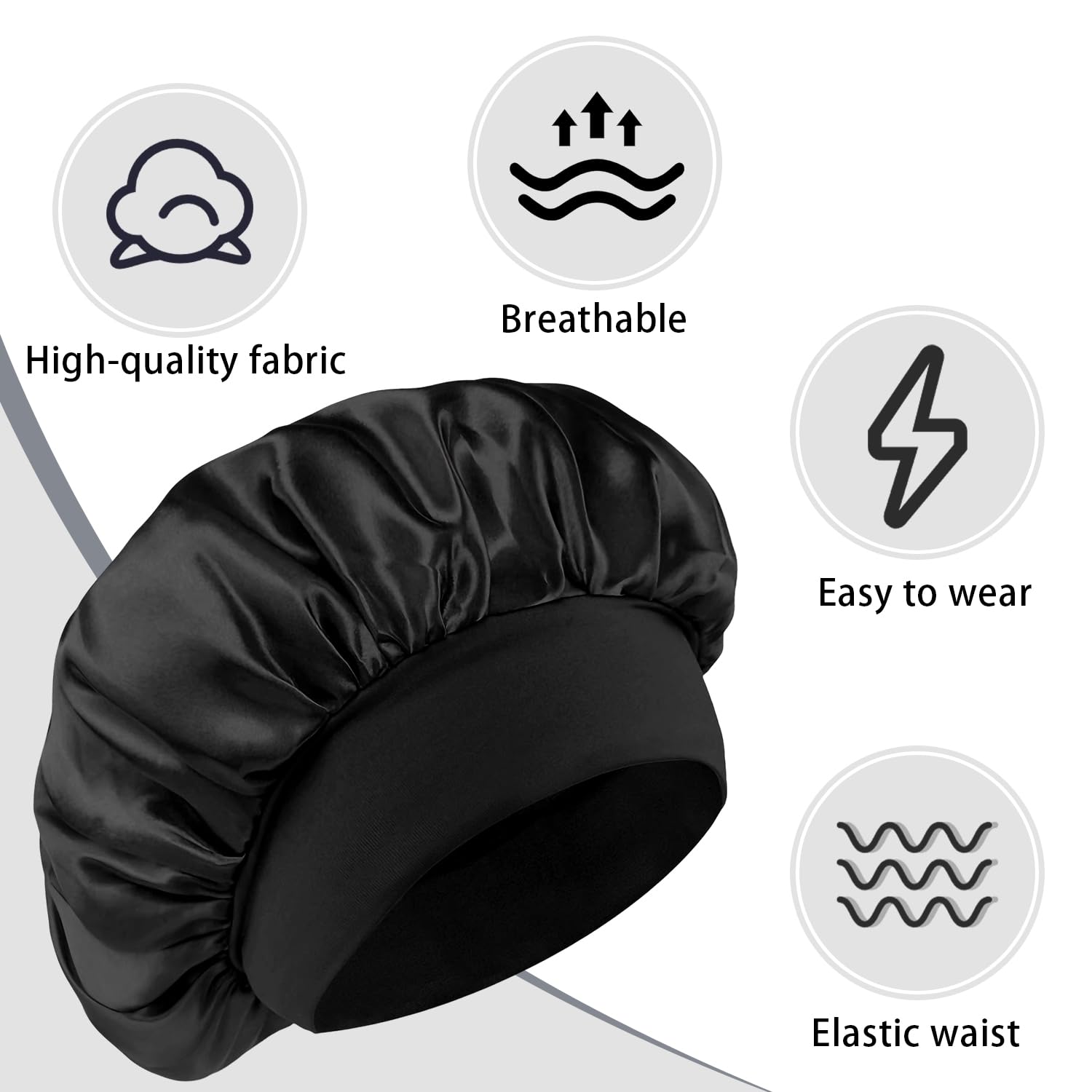 Gorro de Satén para Dormir | Gorro con Banda Elástica Ancha | Gorro para Cabello Rizado Trenzas Afro y Rastas (Negro)
