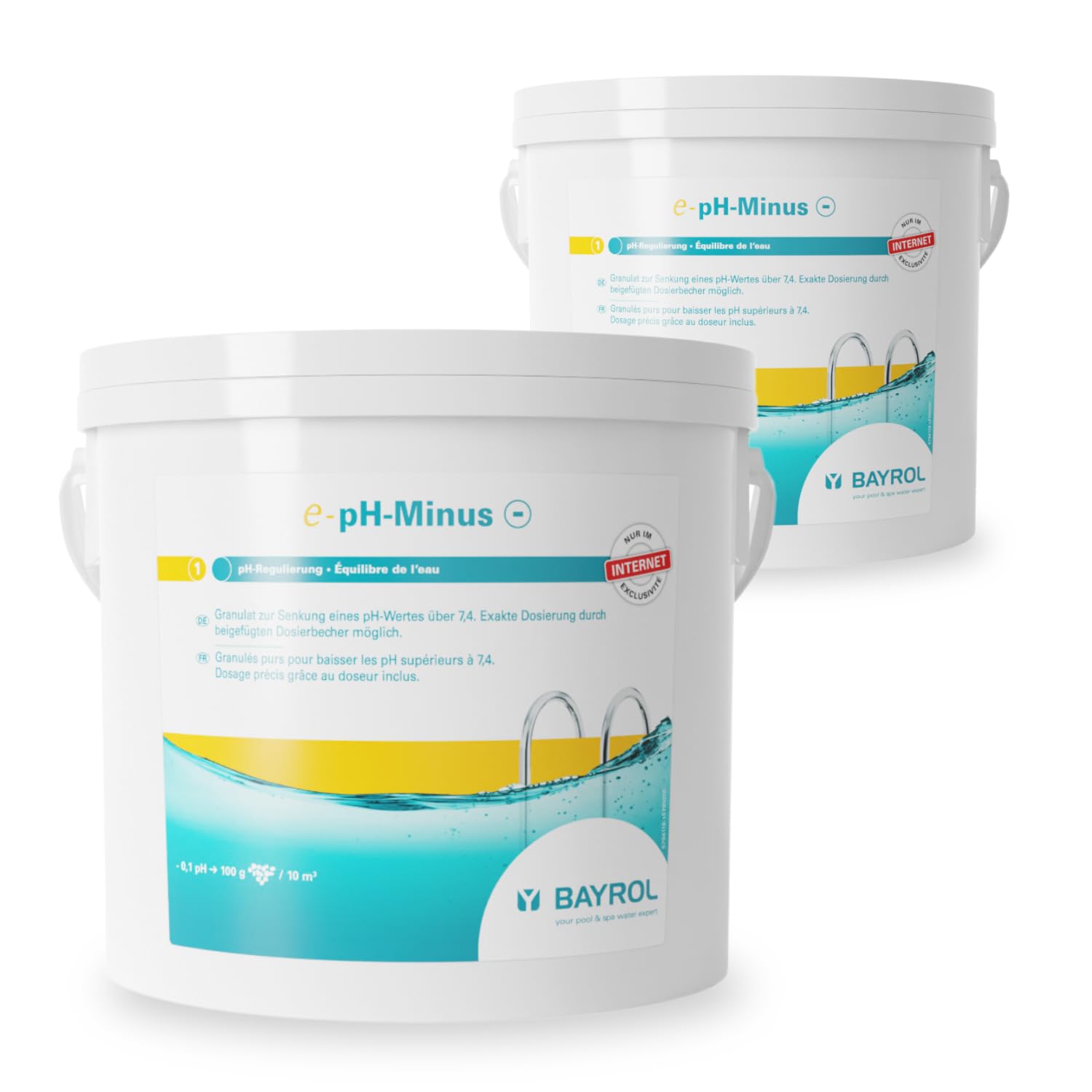 BAYROL Granulat e-pH minus 2 x 6 kg – szybko obniża zbyt wysoką wartość pH w basenie – w zestawie z miarką dozującą – obniżacz pH – regulacja pH basenu