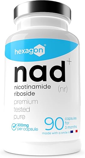 NAD+ Nicotinamide Riboside Chloride 300mg - +3 Months Cure - Against Age and Fatigue, NAD Booster - Pure Powder, 90 Capsules - Pharmaceutical Grade - Vegan - Hexagon