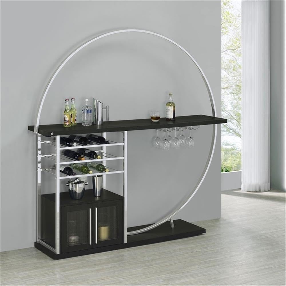 Pemberly Row Circular LED Wood Home Bar, 75" H x 72.5" W x 16.25" D, Dark Charcoal Finish, Wine Storage for 21 Bottles, Glass Holder, Touch Control with 8-Color LED Lighting