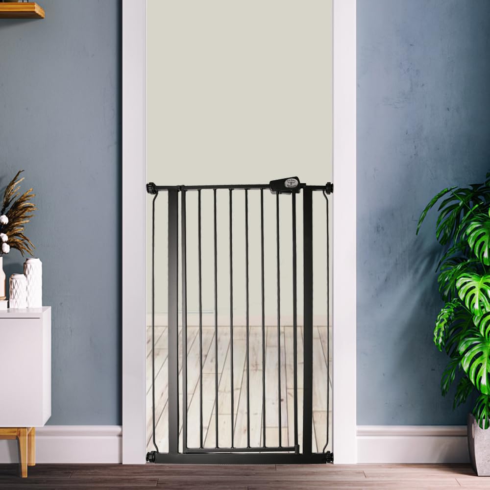 Bettacare Barreras de Seguridad estrechas para niños y Mascotas, 68.5cm - 75cm, Negro Mate, Puerta Extra Alta de 104cm de Altura, Barrera de presión para escaleras