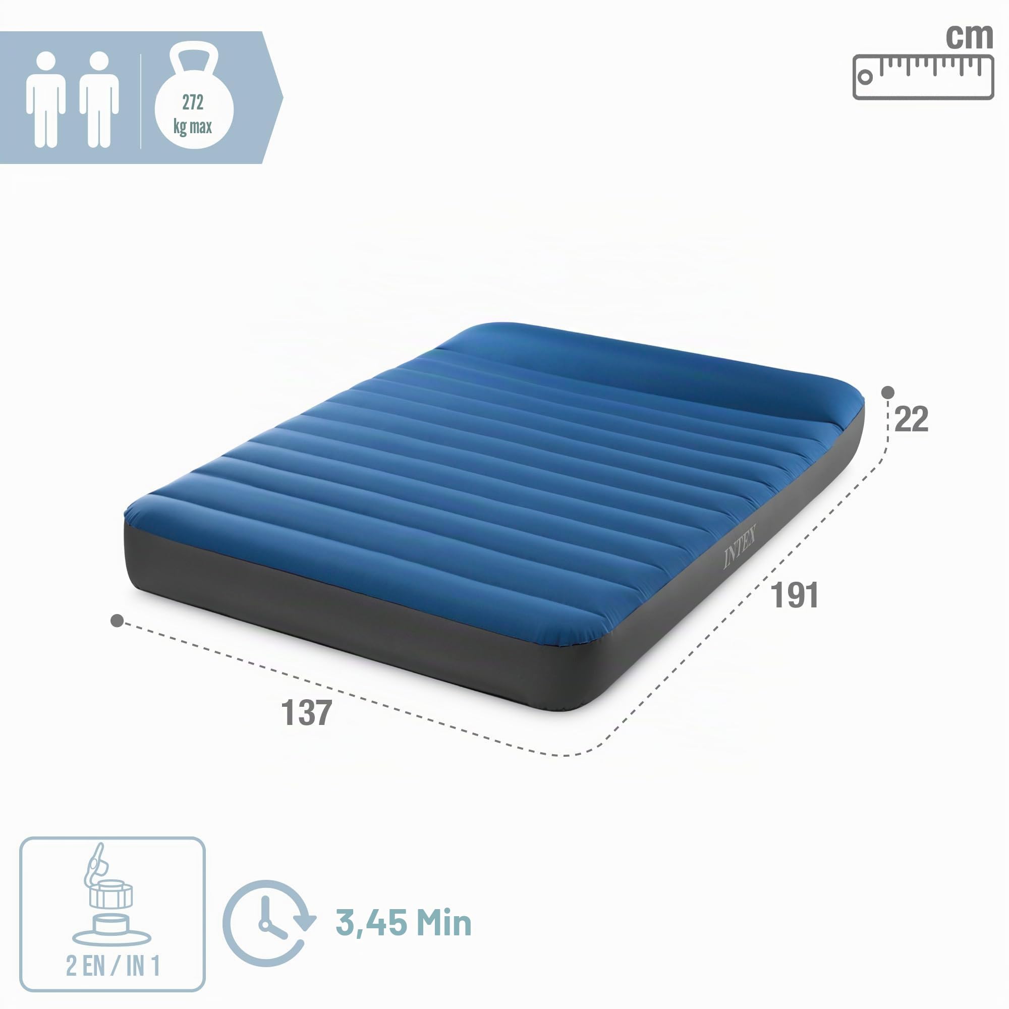 INTEX TruAire Camping Matratze für 2 Personen (137×191×22 cm) max. 272 KG – Gästebett aufblasbares Bett Luftbett mit USB Elektropumpe, Fiber-Tech-Technologie, Tragetasche
