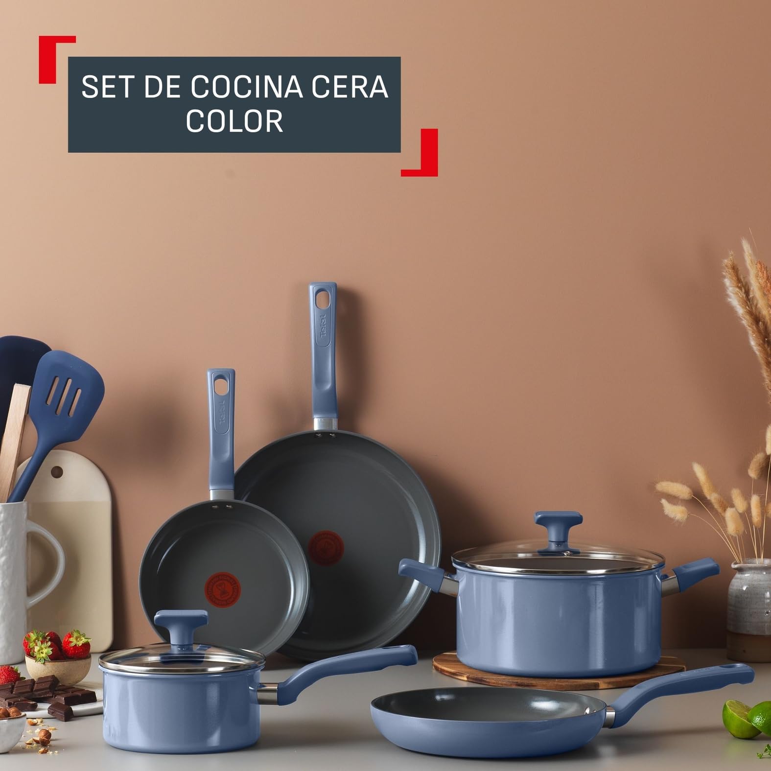 Tefal Cera Color On - Juego de 3 sartenes de 20/24/28 cm + Cazo con tapa de 16 cm + Olla con tapa de 24 cm, Revestimiento cerámico antiadherente de aluminio, 100% reciclado, Thermo-Signal