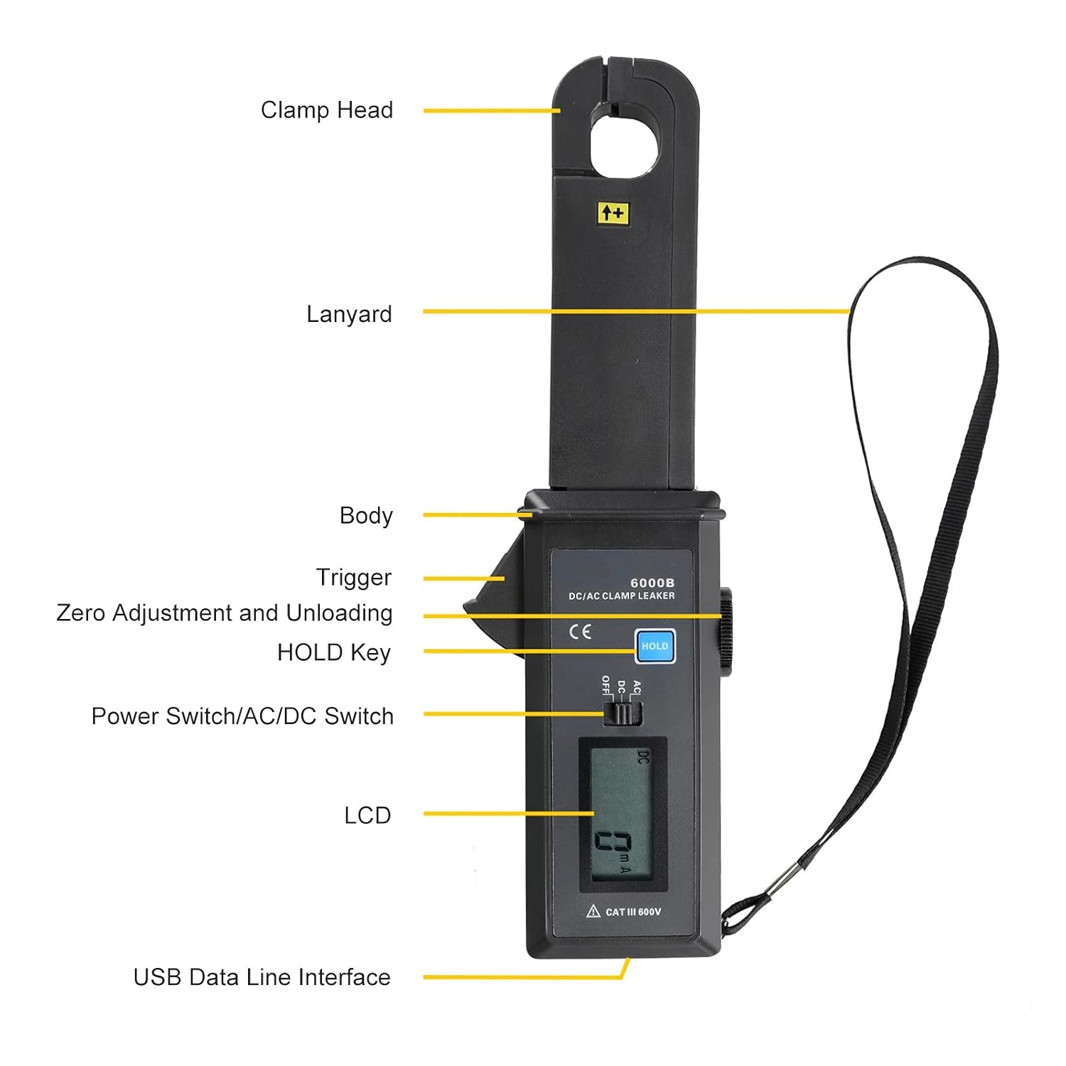 ETCR6000B Clamp Meter 0mA-60.0A AC DC Leakage Current, Clamp Leaker for Automobile DC Dark Current Measurement with ABS Material and USB Interface