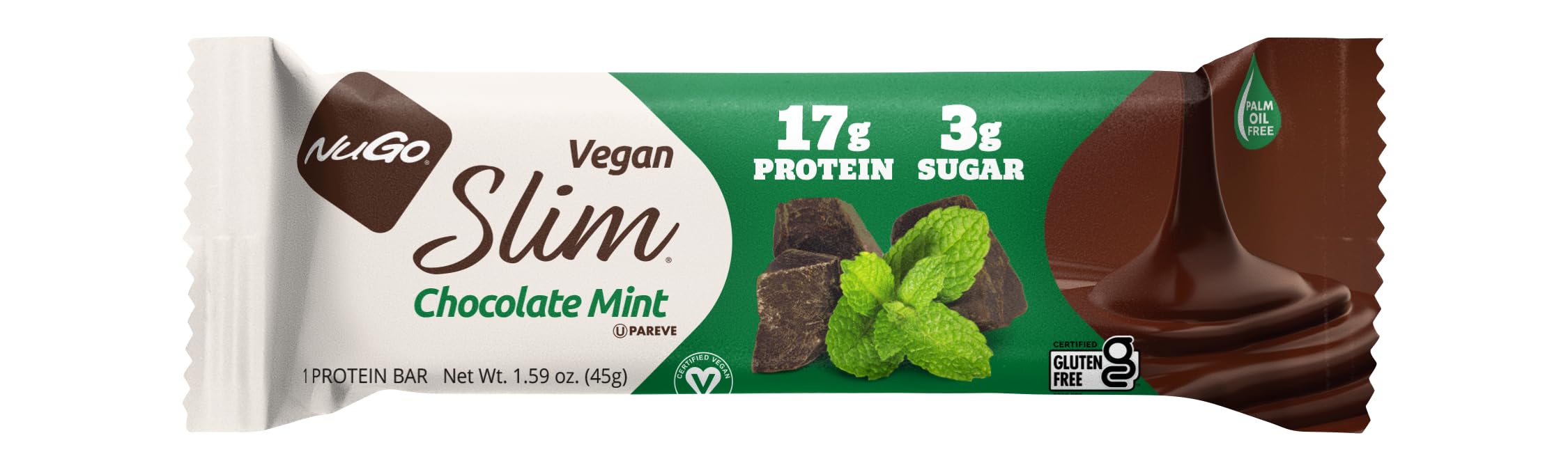 NuGo Slim Chocolate Mint, 17g Protein Bar, Vegan, Gluten Free, Non-GMO, Kosher, Keto Friendly, Low Carb, 1.59oz Bar