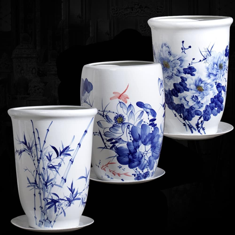 Ceramiczna doniczka w stylu Chinoiserie, niebiesko-biała, ceramiczna doniczka dekoracyjna z otworem drenażowym - E, B,D