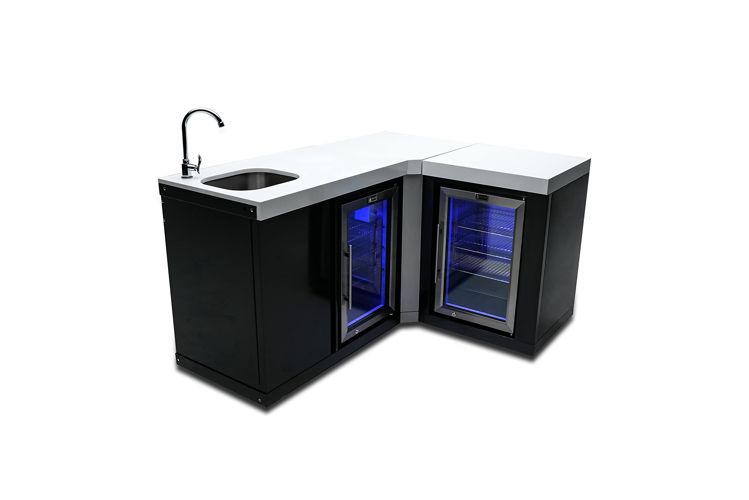Mont Alpi MA-BEVBSS90FC Bar Series 90 Degree Corner Black Stainless Steel Double Outdoor Rated Refrigerator Wine Cooler Beverage Center Granite Countertops with Blue LED Lighting + Faucet & Sink | Fridge.com