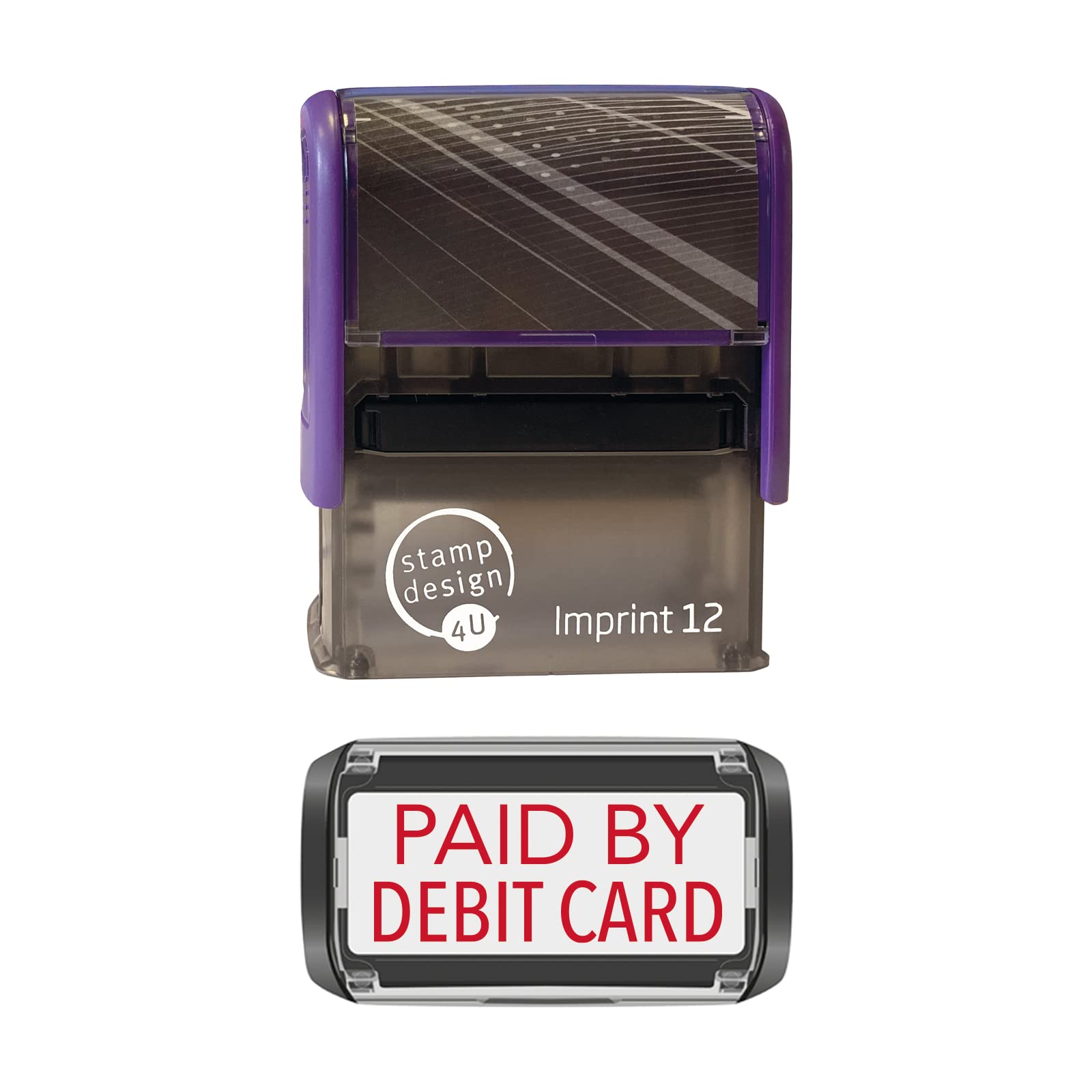 Stamp Design 4U Imprint 12 RED 48 x 18mm Self-Inking Rubber Stamp - Paid by Debit Card in Red Ink