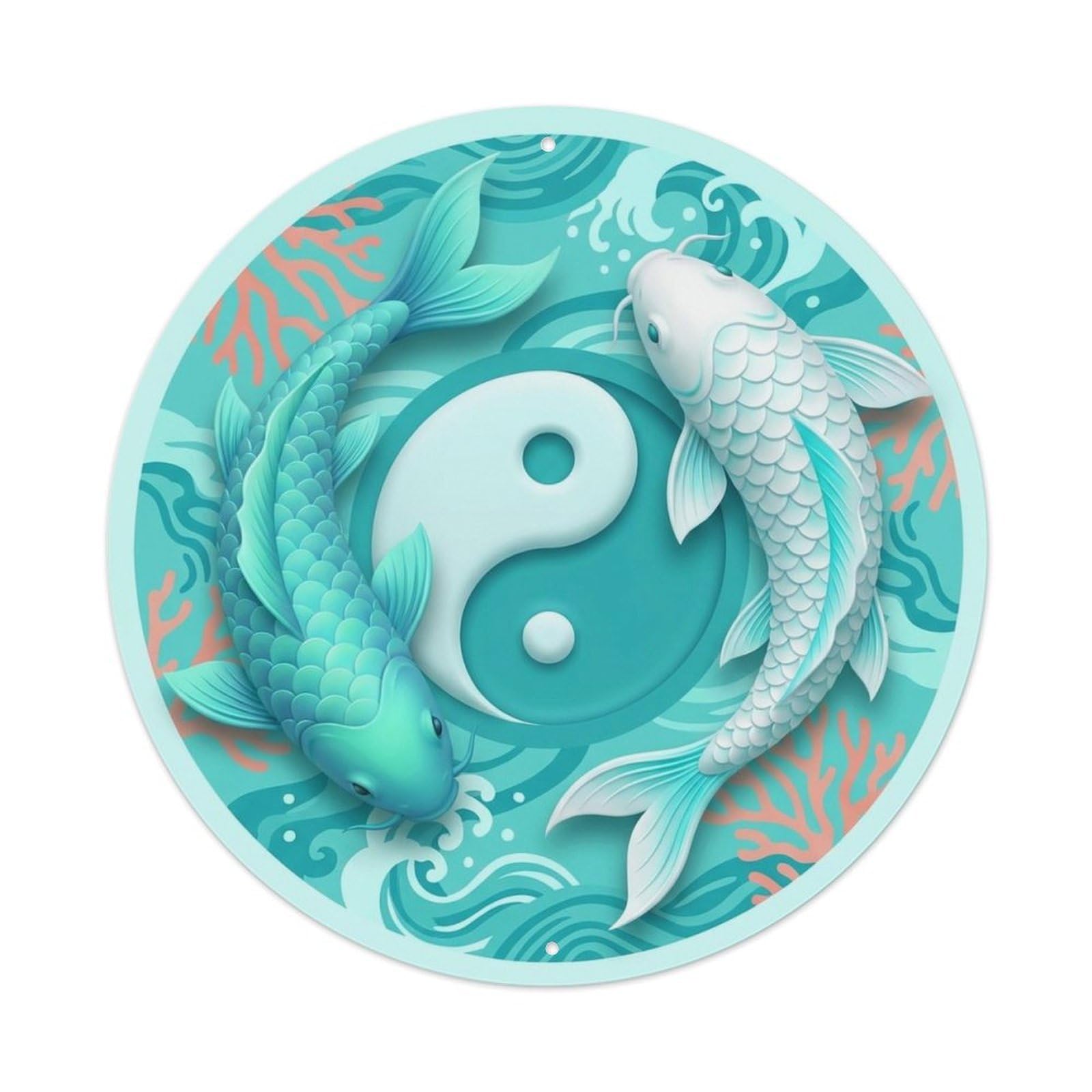 Japanese Koi Symbol Tropical Elemental Balance Metal Tin Sign Plaque Wall Decor for Cafe, Man Cave, Club Bar, Office, Home Garden Round Metal Poster 8x8Inch